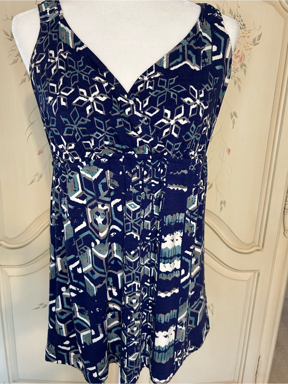 CAbi Navy Geometric V-Neck Camisole with Teal and White Accents